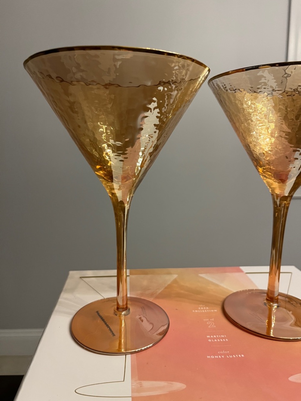 NWT Anthropologie The Zaza Collection Set of 2 Honey Colored Martini Glasses - Picture 3 of 7